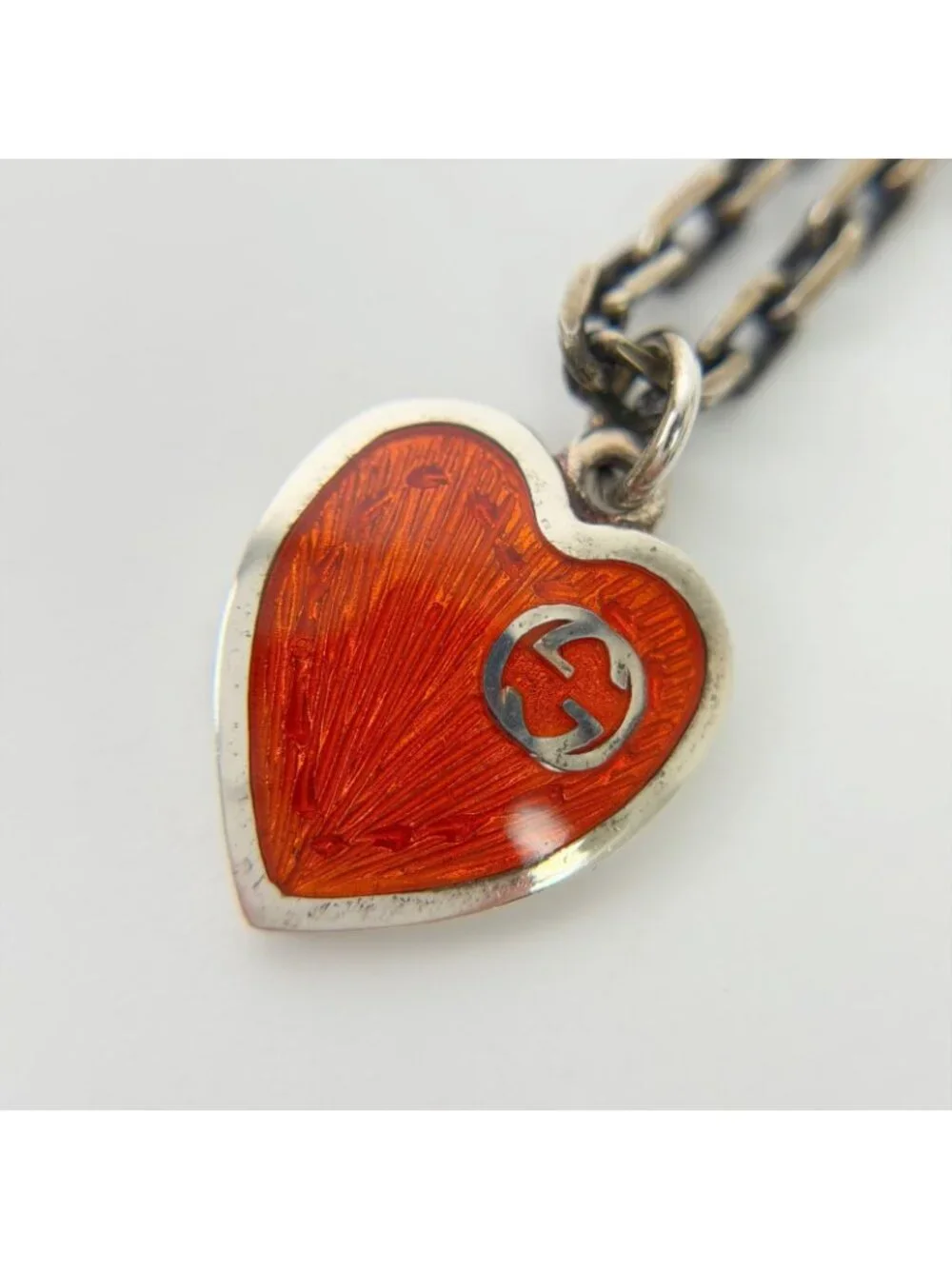 Gucci Interlocking Enamel Heart Necklace 925 Sterling Silver Red Vintage